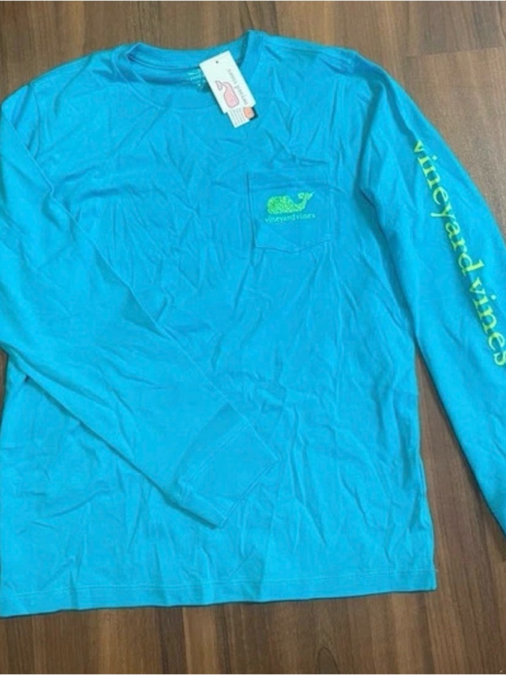 Vineyard Vines Kids Long-Sleeve Pocket Tee - Bright Turquoise with Lime Logo
